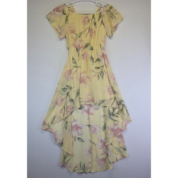 AUW Dress Womens S Yellow‎ Hi Low Chiffon Cold Shoulder Floral Flowy Fairy - Picture 1 of 16
